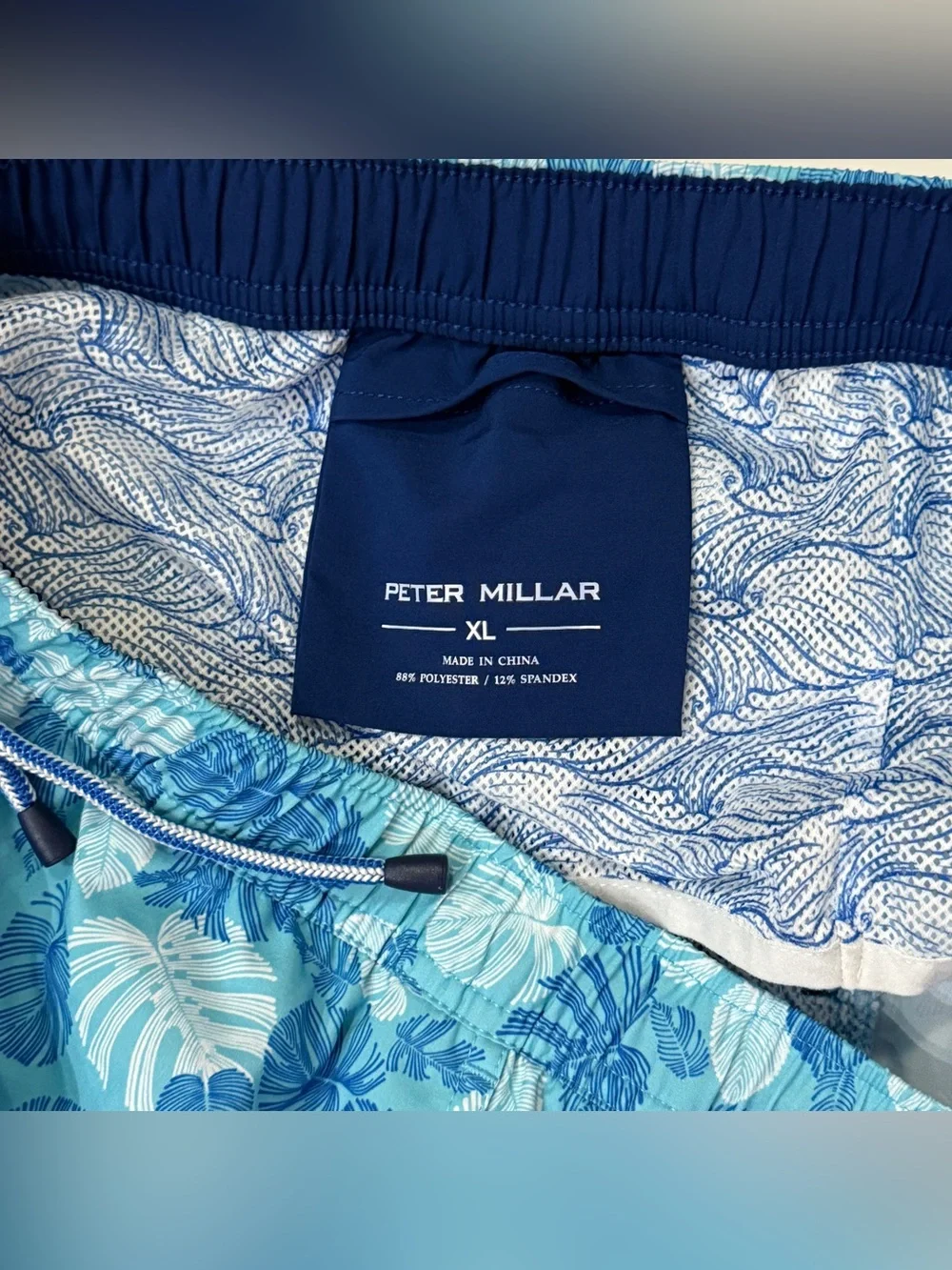 Peter Millar Crown Linework Monstera Swim Trunks XL Blue 7” Stretch Lined